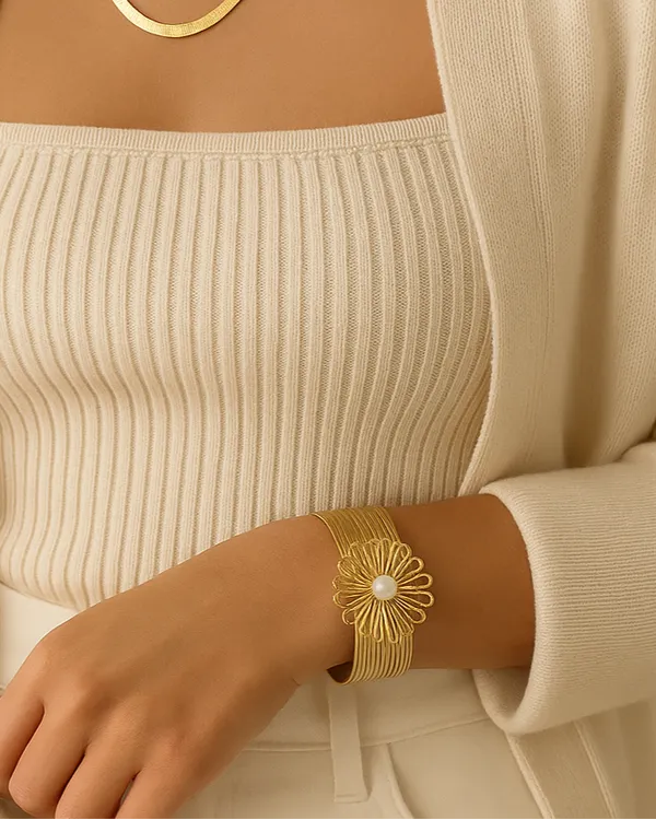 Gold_Stainless_Steel_Fleur_D'Or_Cuff_Bracelet_For_Women