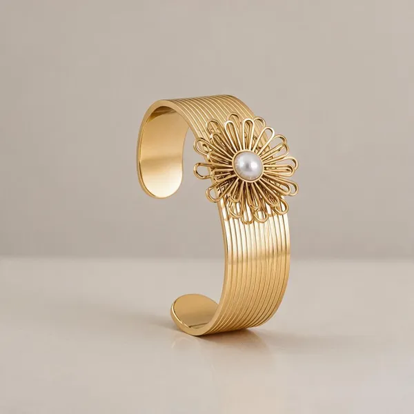 Gold_Stainless_Steel_Fleur_D'Or_Cuff_Bracelet_For_Women
