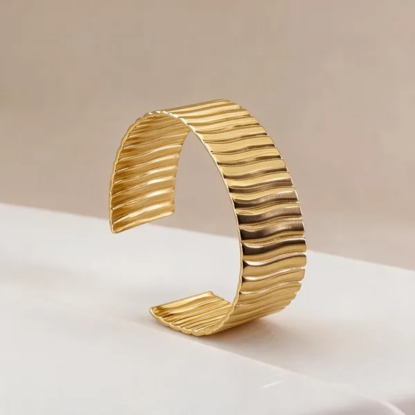Gold_Stainless_Steel_Fluid_Rhythm_Cuff_Bracelet_For_Women