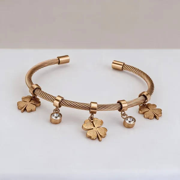 Gold_Stainless_Steel_Four-Leaf_Clover_Cable_Cuff_Bracelet_For_Women