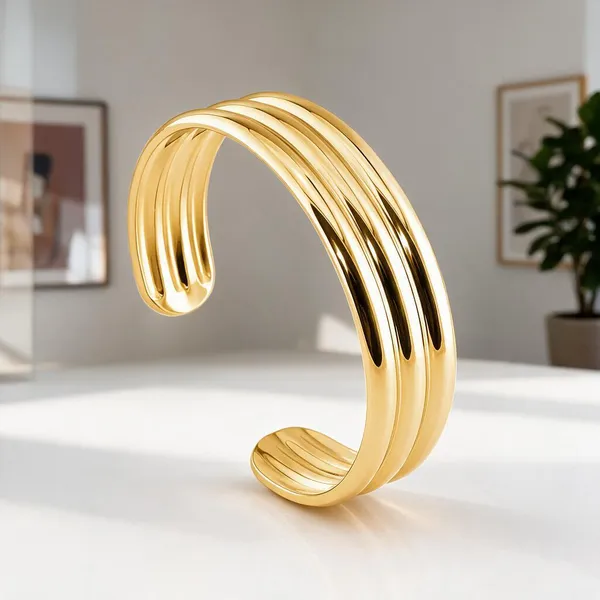 Gold_Stainless_Steel_Triple-Band_Cuff_Bracelet_For_Women