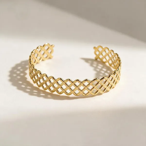 Gold_Stainless_Steel_Lattice_Textured_Cuff_Bracelet_For_Women
