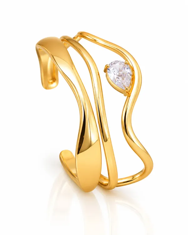 Gold_Stainless_Steel_Cz_Pear_Open_Wave_Cuff_Bracelet_For_Women