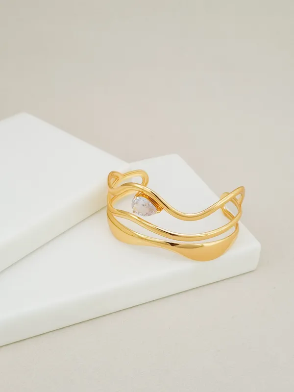 Gold_Stainless_Steel_Cz_Pear_Open_Wave_Cuff_Bracelet_For_Women
