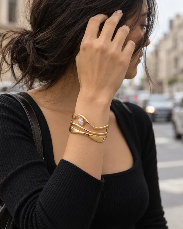 Gold_Stainless_Steel_Cz_Pear_Open_Wave_Cuff_Bracelet_For_Women