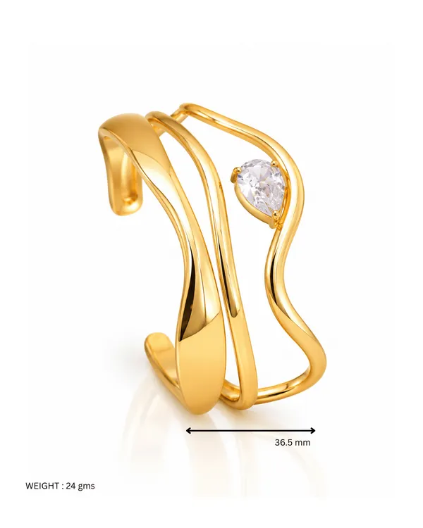 Gold_Stainless_Steel_Cz_Pear_Open_Wave_Cuff_Bracelet_For_Women