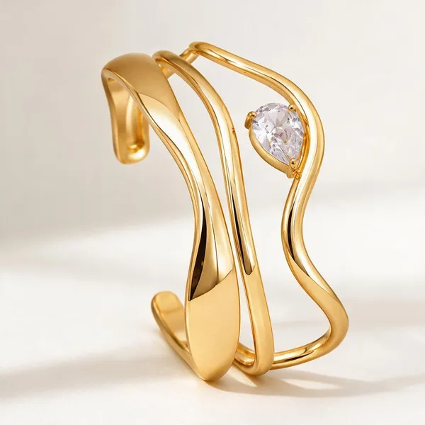 Gold_Stainless_Steel_Cz_Pear_Open_Wave_Cuff_Bracelet_For_Women