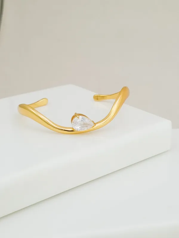 Gold_Stainless_Steel_Molten_Pear_Cz_Open_Cuff_Bracelet_For_Women
