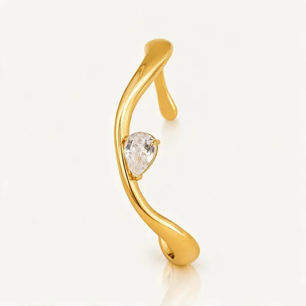 Gold_Stainless_Steel_Molten_Pear_Cz_Open_Cuff_Bracelet_For_Women