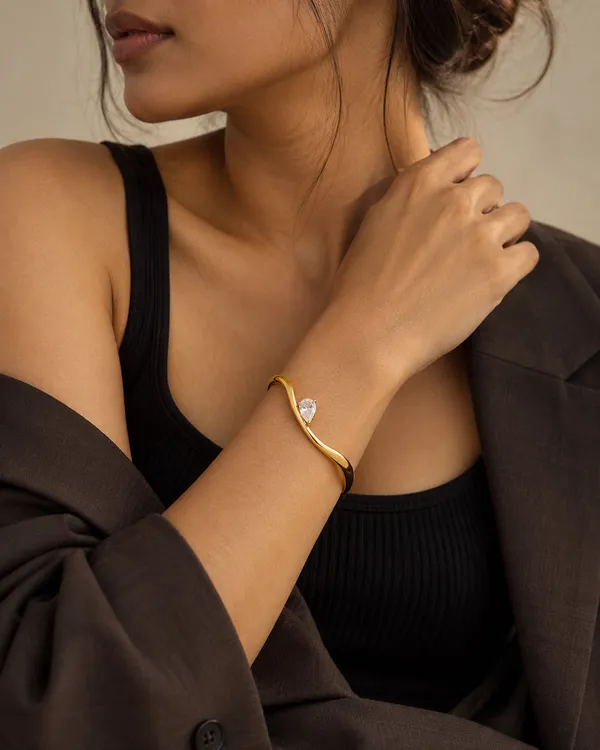Gold_Stainless_Steel_Molten_Pear_Cz_Open_Cuff_Bracelet_For_Women