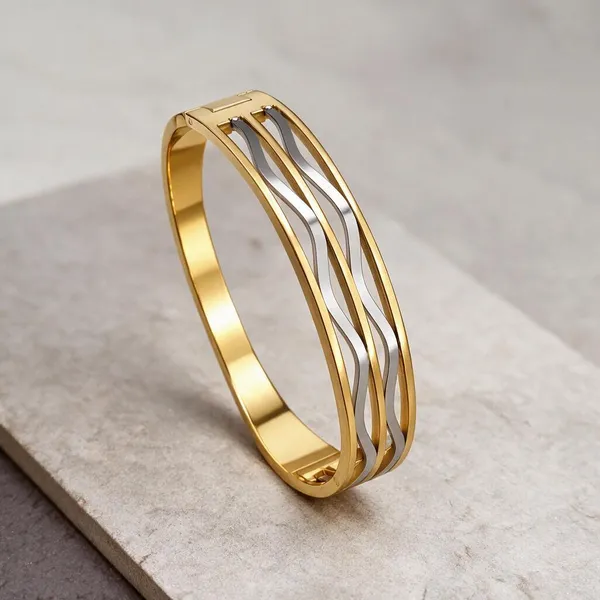 Gold_Stainless_Steel_Ripple_Wave_Two-Tone_Cuff_Bracelet_For_Women