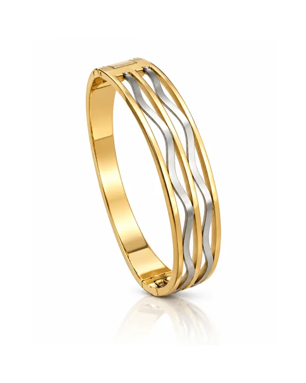 Gold_Stainless_Steel_Ripple_Wave_Two-Tone_Cuff_Bracelet_For_Women