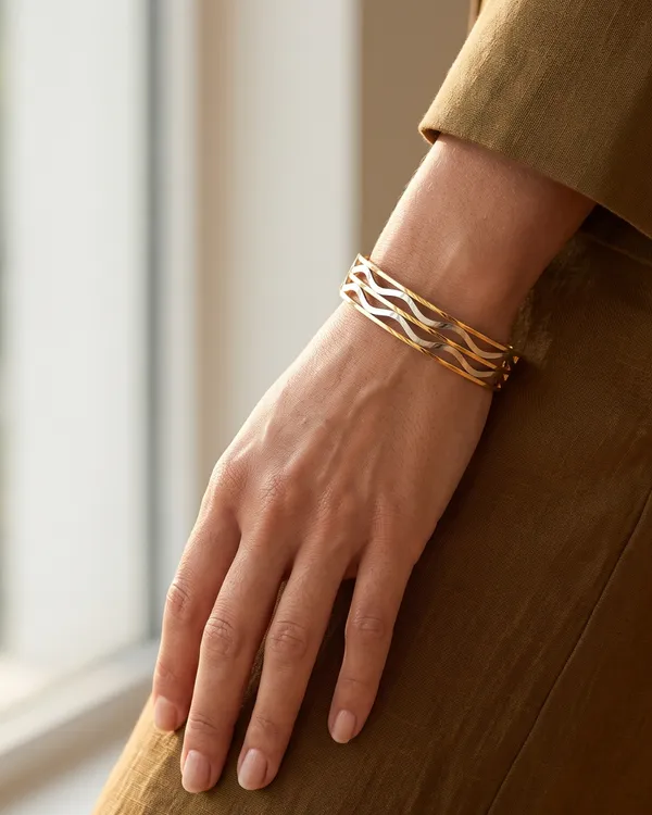 Gold_Stainless_Steel_Ripple_Wave_Two-Tone_Cuff_Bracelet_For_Women