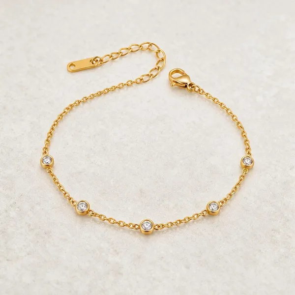 Gold_Stainless_Steel_Bezel_Cz_Station_Chain_Bracelet_For_Women