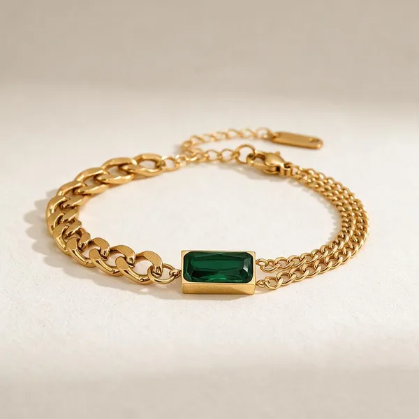 Gold_Stainless_Steel_Emerald_Cz_Curb_Rope_Chain_Bracelet_For_Women