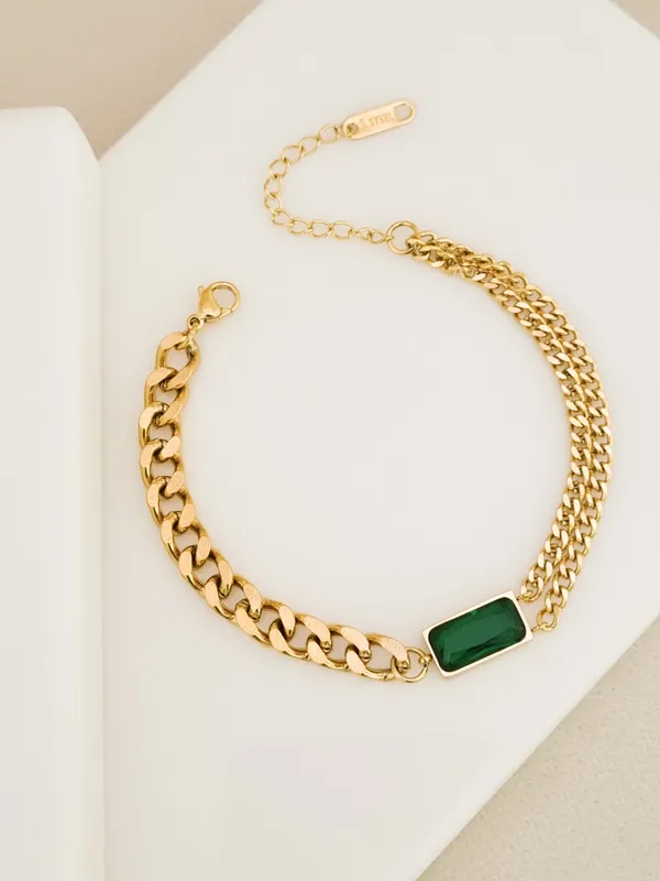 Gold_Stainless_Steel_Emerald_Cz_Curb_Rope_Chain_Bracelet_For_Women