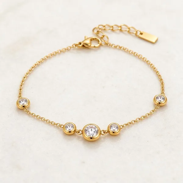 Gold_Stainless_Steel_Five_Bezel_Cz_Station_Chain_Bracelet_For_Women