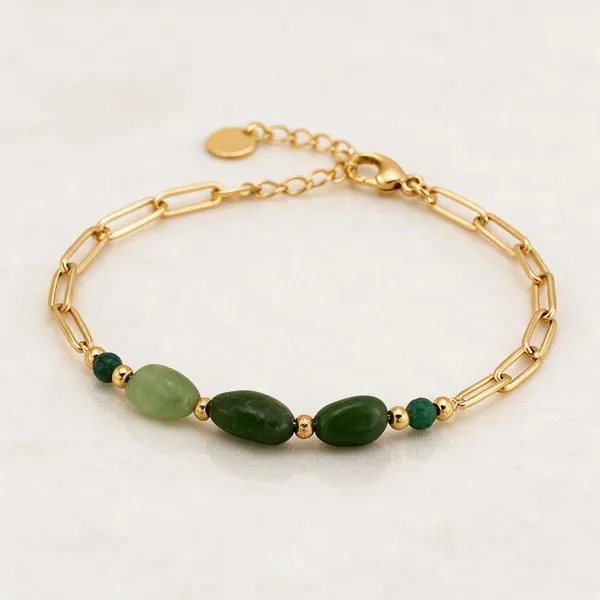Gold_Stainless_Steel_Green_Stone_Paperclip_Station_Bracelet_For_Women
