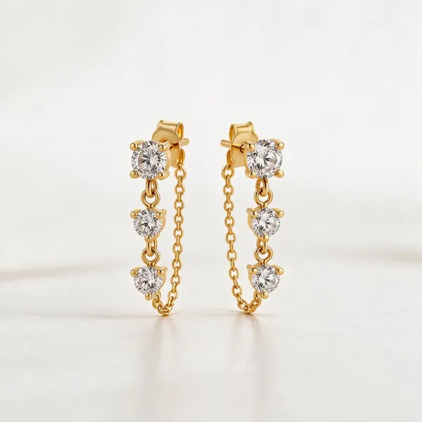 Gold_Stainless_Steel_Cz_Trio_Chain_Drop_Stud_Earrings_For_Women
