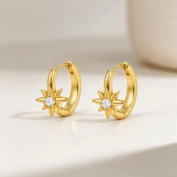 Gold_Stainless_Steel_North_Star_Cz_Huggie_Hoop_Earrings_For_Women