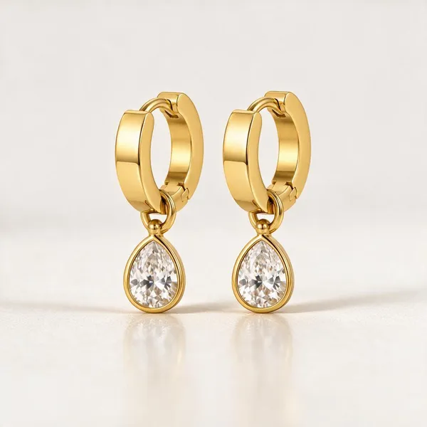 Gold_Stainless_Steel_Pear_Cz_Drop_Huggie_Earrings_For_Women