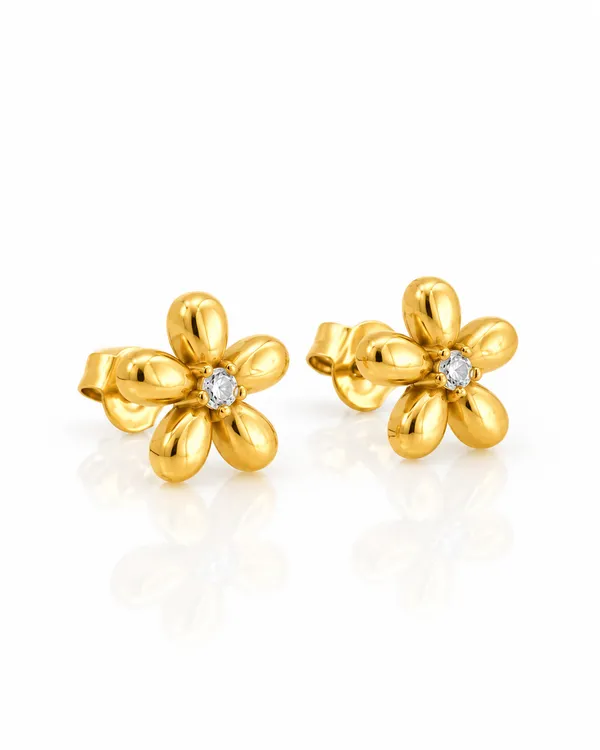 Gold_Stainless_Steel_Puffy_Daisy_Cz_Centre_Stud_Earrings_For_Women