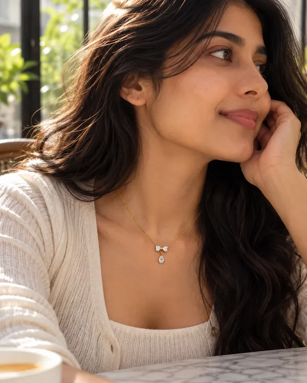 Gold_Stainless_Steel_Cz_Bow_Pear_Drop_Pendant_Necklace_For_Women