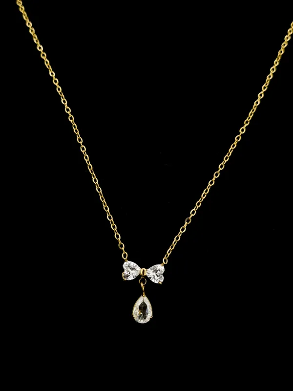 Gold_Stainless_Steel_Cz_Bow_Pear_Drop_Pendant_Necklace_For_Women