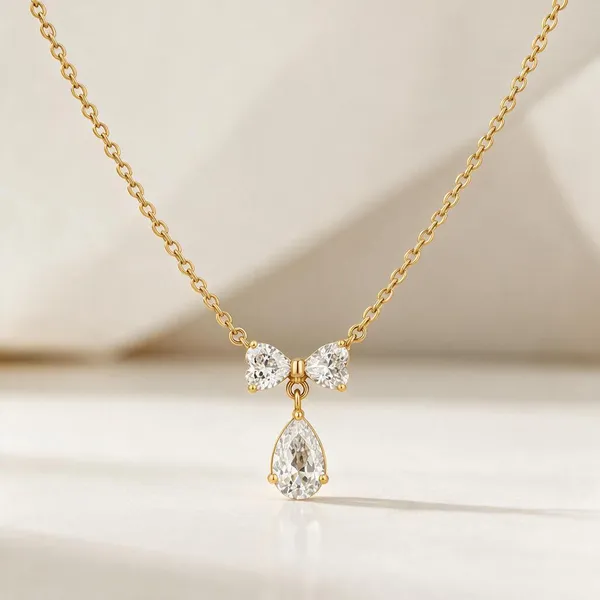 Gold_Stainless_Steel_Cz_Bow_Pear_Drop_Pendant_Necklace_For_Women
