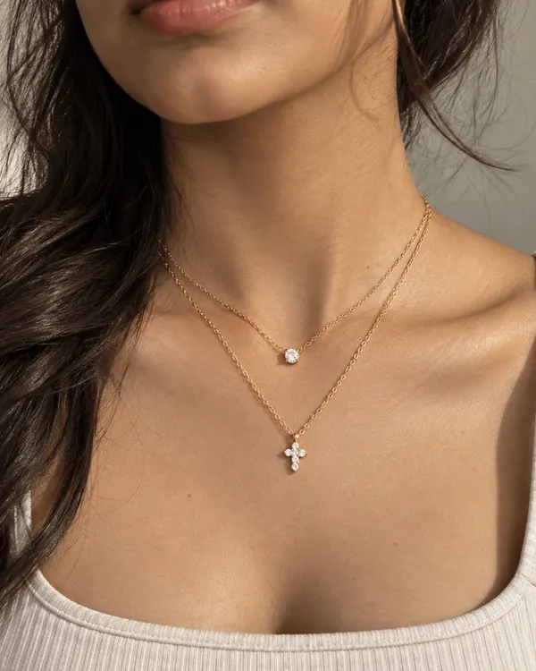 Gold_Stainless_Steel_Crystal_Cross_Double_Layer_Necklace_For_Women