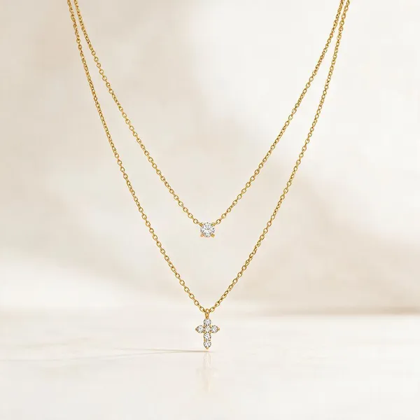 Gold_Stainless_Steel_Crystal_Cross_Double_Layer_Necklace_For_Women