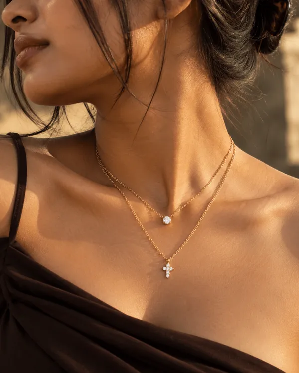 Gold_Stainless_Steel_Crystal_Cross_Double_Layer_Necklace_For_Women