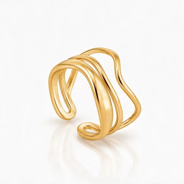 Gold_Stainless_Steel_Fluid_Tri-Wave_Open_Ring_For_Women