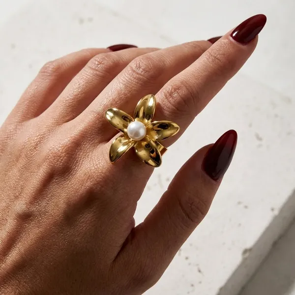 Gold_Stainless_Steel_Gilded_Petal_Pearl_Ring_For_Women