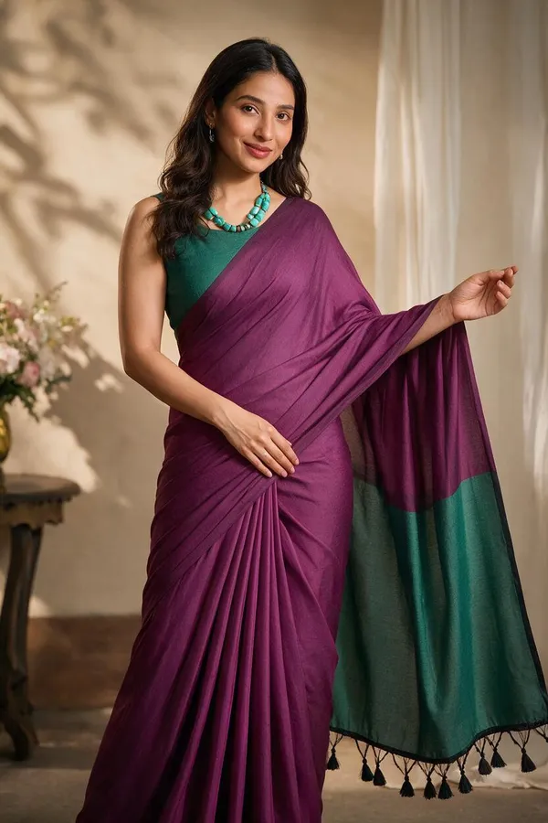Magenta_Teal_Mal_Cotton_Contrast_Pallu_Tassel_Saree_For_Women