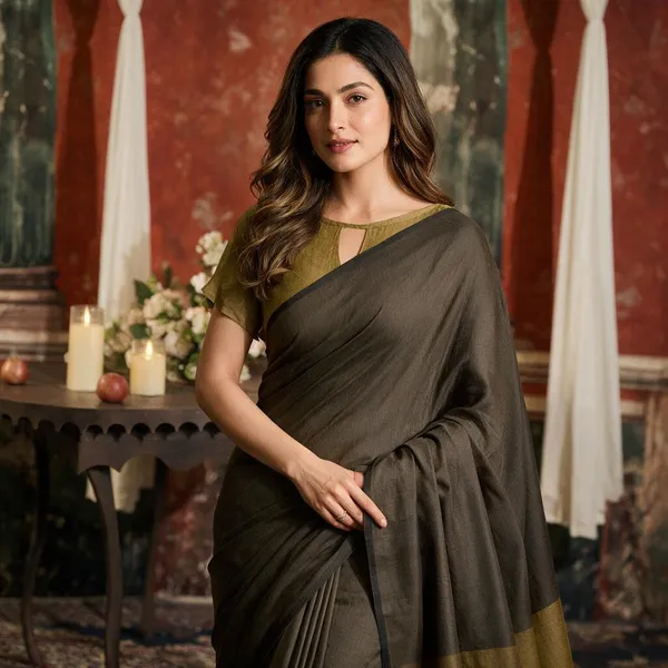 Brown_Gold_Border_Mal_Cotton_Contrast_Pallu_Saree_For_Women