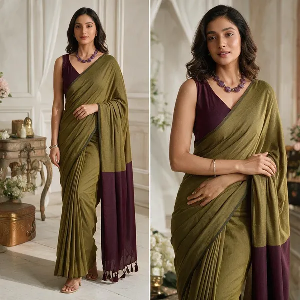 Olive_Green_Mal_Cotton_Contrast_Maroon_Border_Saree_For_Women