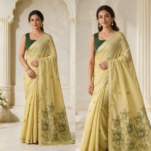 Yellow_Floral_Katha_Work_Modal_Mina_Saree_For_Women