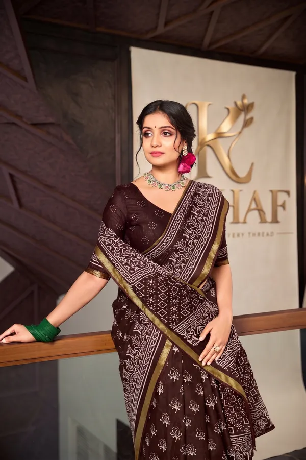 Signature_Jalpari_Premium_Mal_Mal_Cotton_Saree_in_Dark_Brown_with_Golden_Border_&_Blouse_Piece