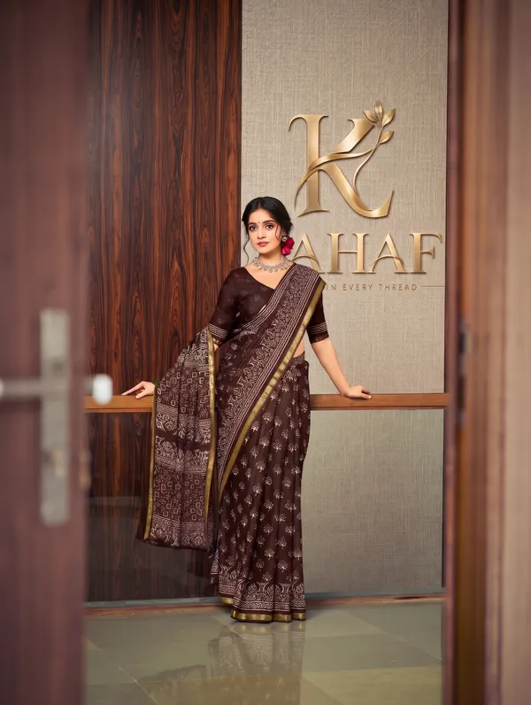 Signature_Jalpari_Premium_Mal_Mal_Cotton_Saree_in_Dark_Brown_with_Golden_Border_&_Blouse_Piece