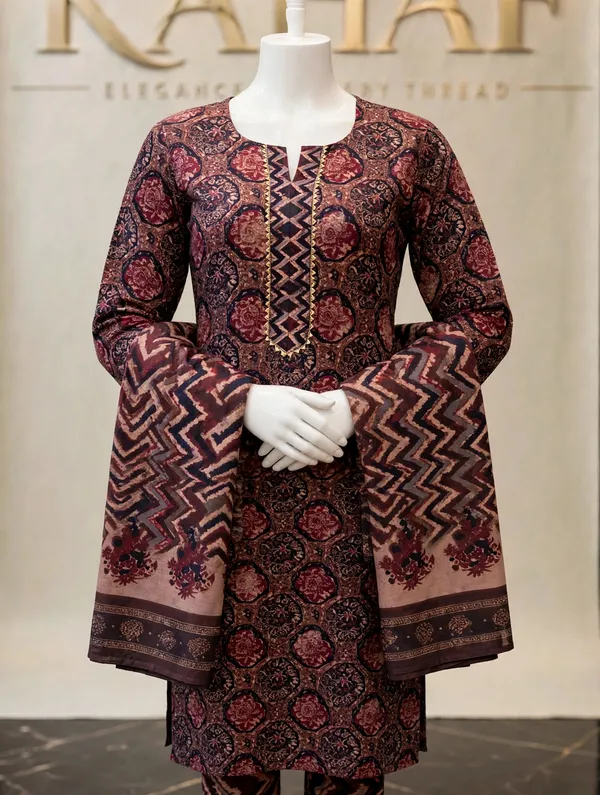 Women’s_Maroon_Rayon_Printed_Kurti_Pant_Dupatta_Set_|_Fully_Stitched_Ethnic_Wear_|_Design_No._2071