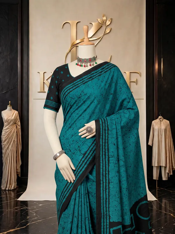 Parampara_Premium_Mal_Mal_Cotton_Saree_in_Teal_Blue_&_Black_with_Blouse_Piece