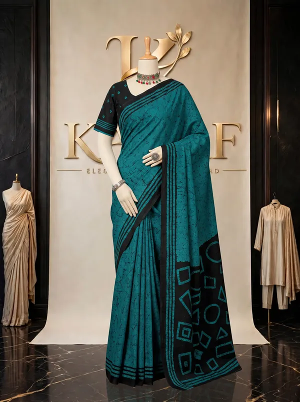 Parampara_Premium_Mal_Mal_Cotton_Saree_in_Teal_Blue_&_Black_with_Blouse_Piece