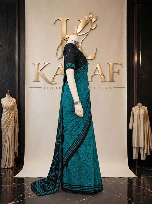 Parampara_Premium_Mal_Mal_Cotton_Saree_in_Teal_Blue_&_Black_with_Blouse_Piece