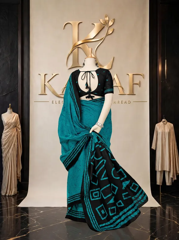 Parampara_Premium_Mal_Mal_Cotton_Saree_in_Teal_Blue_&_Black_with_Blouse_Piece