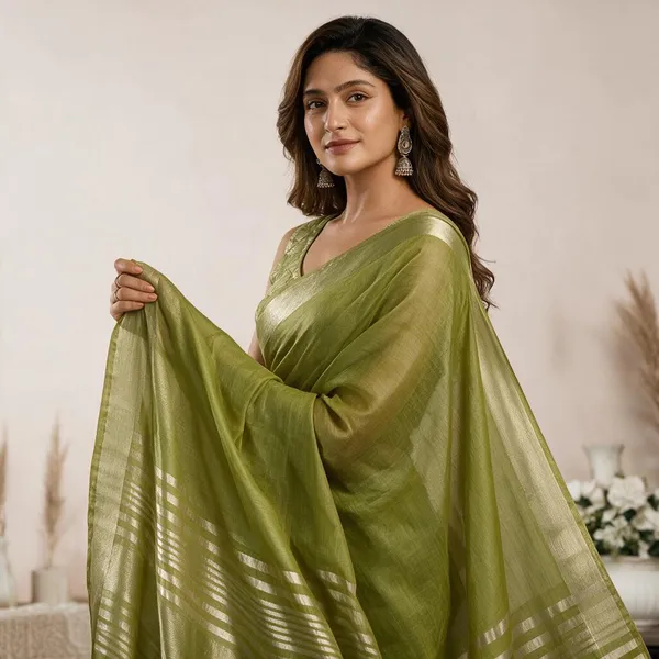 Olive_Green_Khadi_Cotton_Brocade_Gold_Border_Saree_For_Women