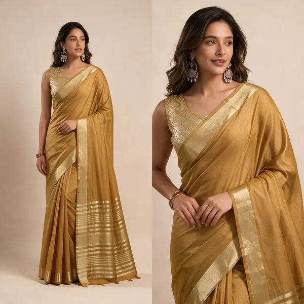 Mustard_Khadi_Cotton_Woven_Saree_With_Brocade_Blouse_For_Women