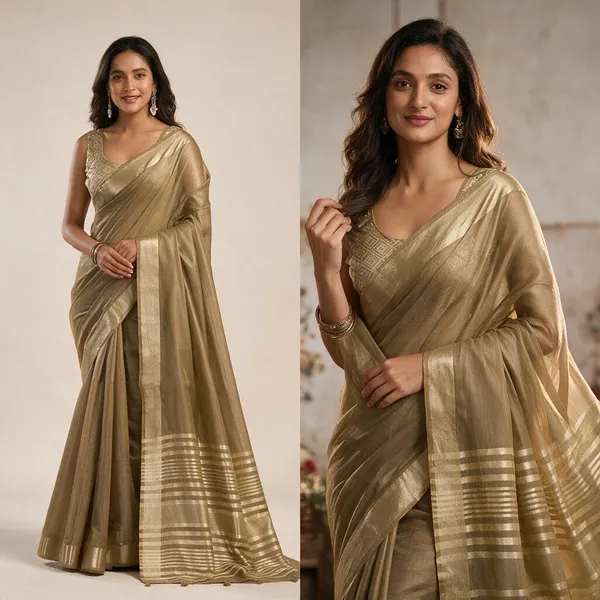 Golden_Khadi_Cotton_Brocade_Blouse_Saree_For_Women