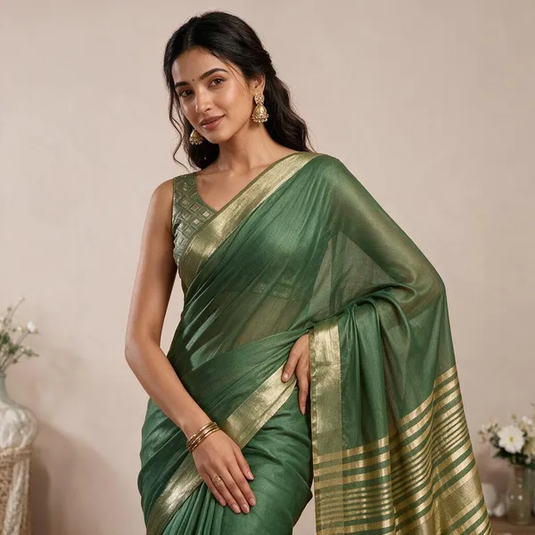 Green_Khadi_Cotton_Brocade_Gold_Border_Traditional_Saree_For_Women