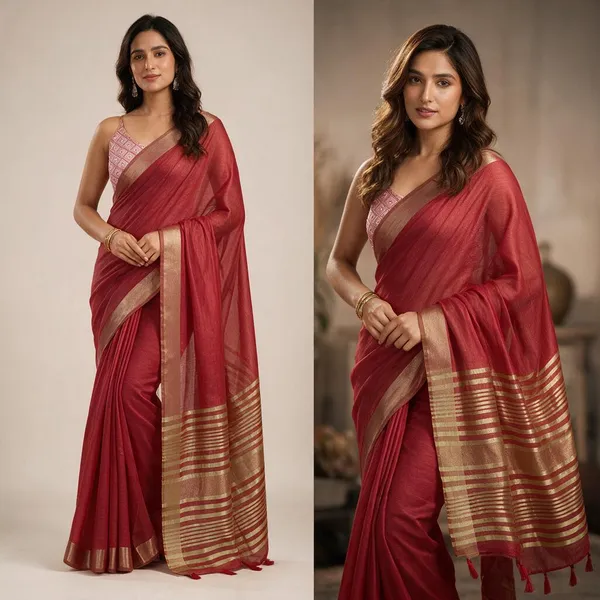 Red_Khadi_Cotton_Brocade_Border_Traditional_Saree_For_Women